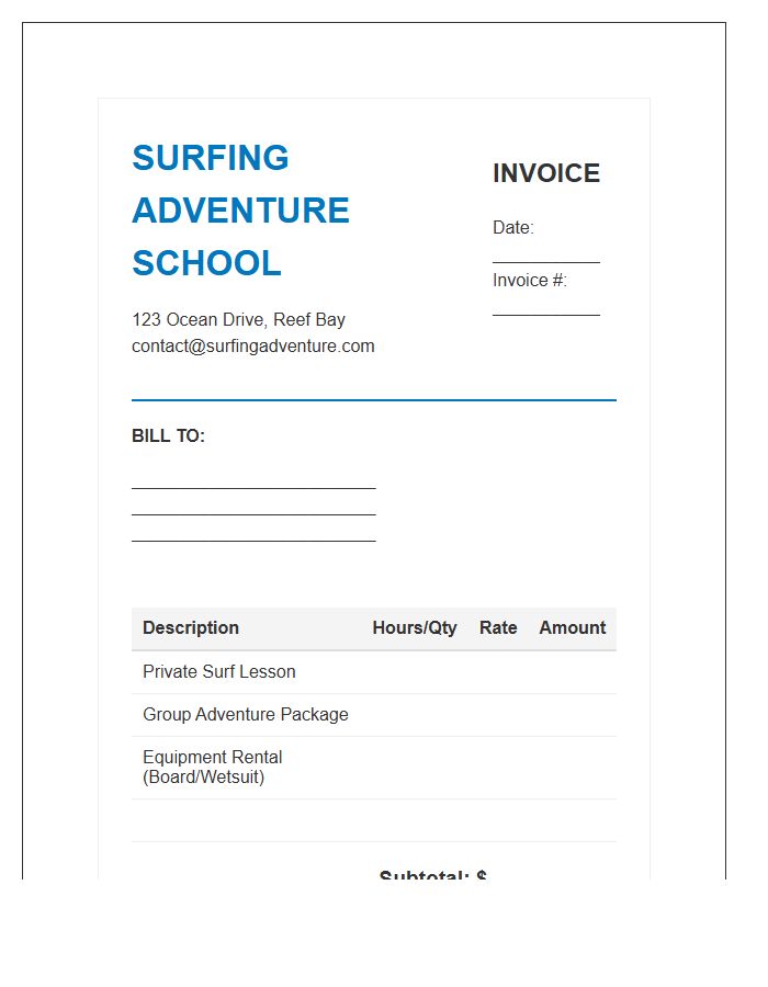 Surfing Adventure School Invoice Template