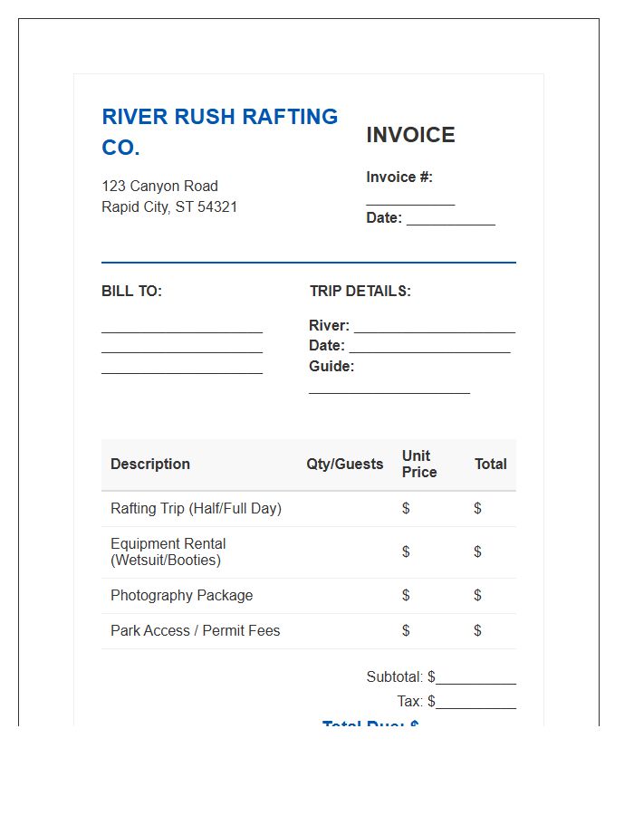 White Water Rafting Invoice Template