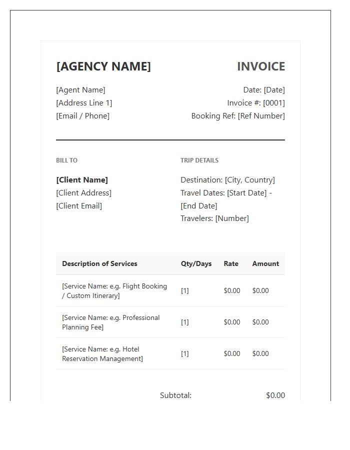 Independent Travel Agent Service Invoice Template