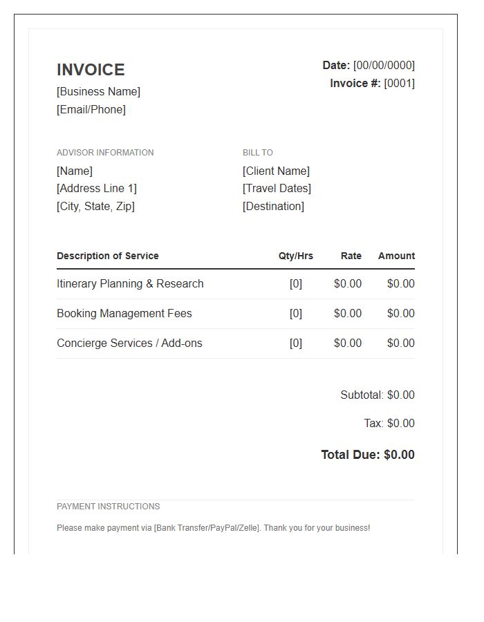 Remote Travel Advisor Invoice Template