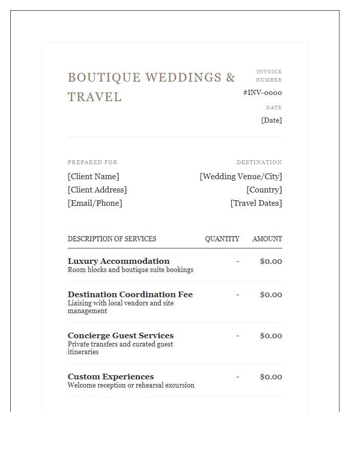 Boutique Destination Wedding Travel Invoice Template