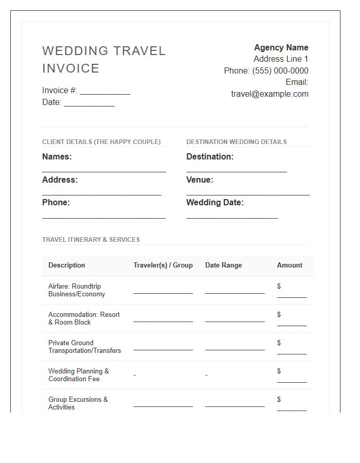 Comprehensive Destination Wedding Travel Invoice Template
