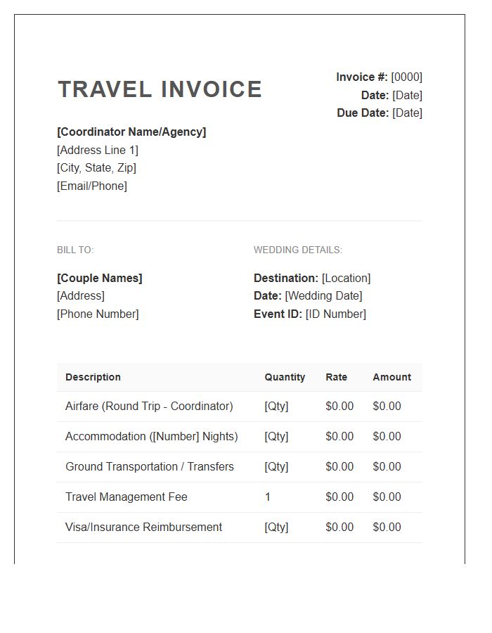 Destination Wedding Coordinator Travel Invoice Template
