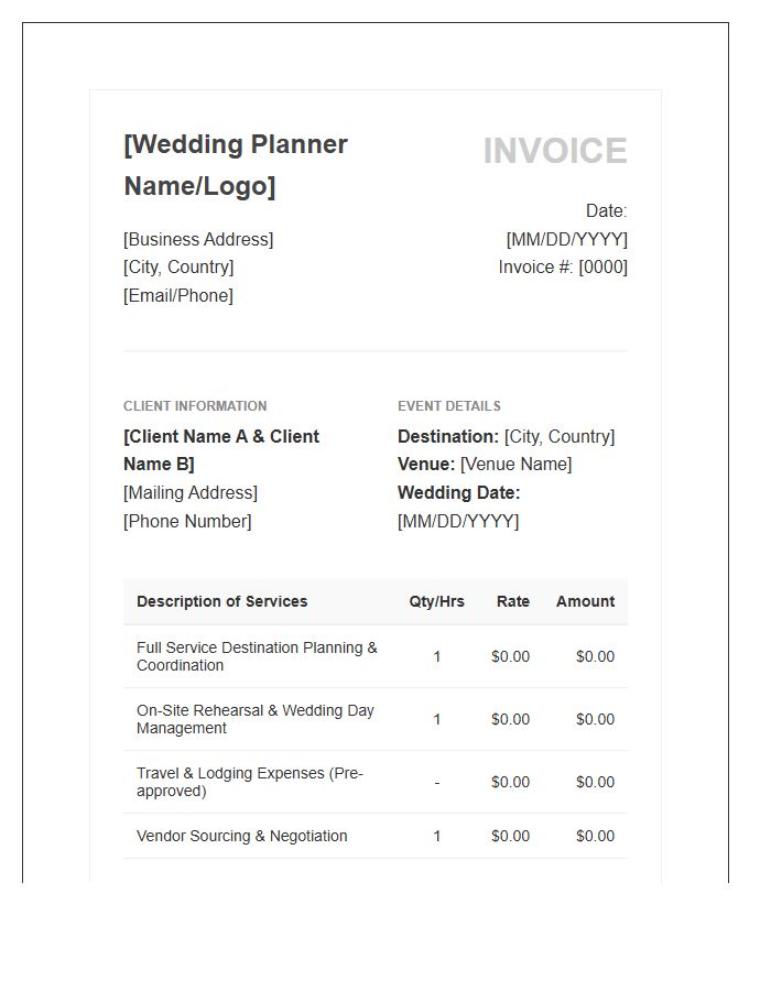 Destination Wedding Planner Service Invoice Template