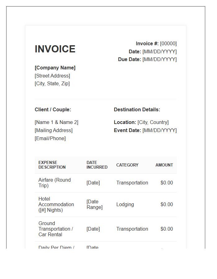 Destination Wedding Planning Travel Expense Invoice Template