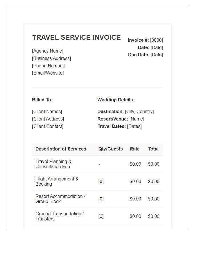 Destination Wedding Travel Agent Service Invoice Template