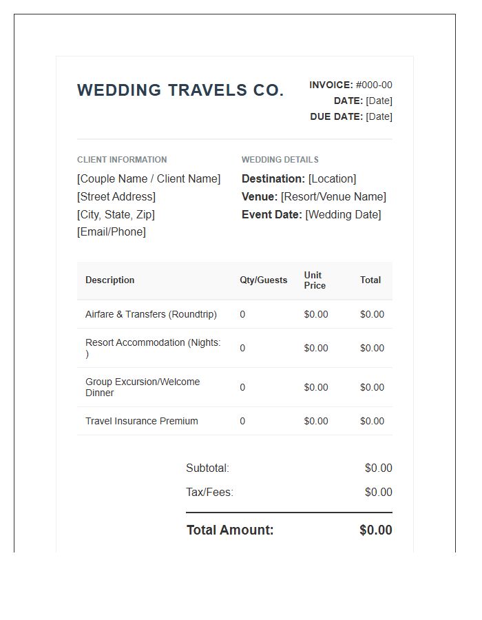 Destination Wedding Travel Booking Invoice Template