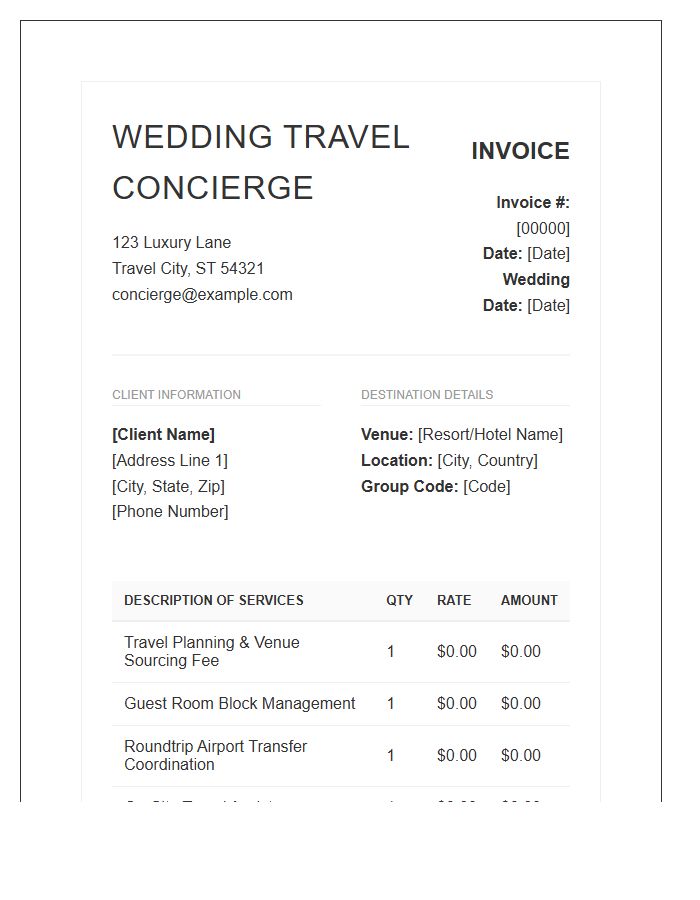 Destination Wedding Travel Concierge Invoice Template