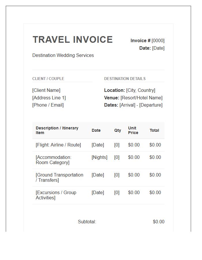Destination Wedding Travel Itinerary Invoice Template