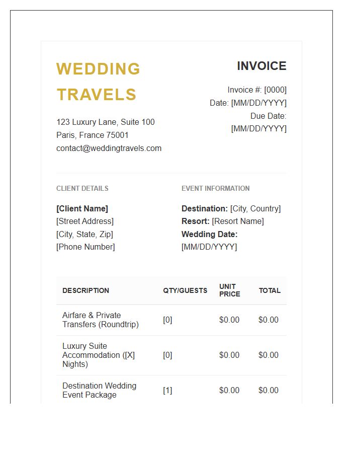 Destination Wedding Travel Package Invoice Template