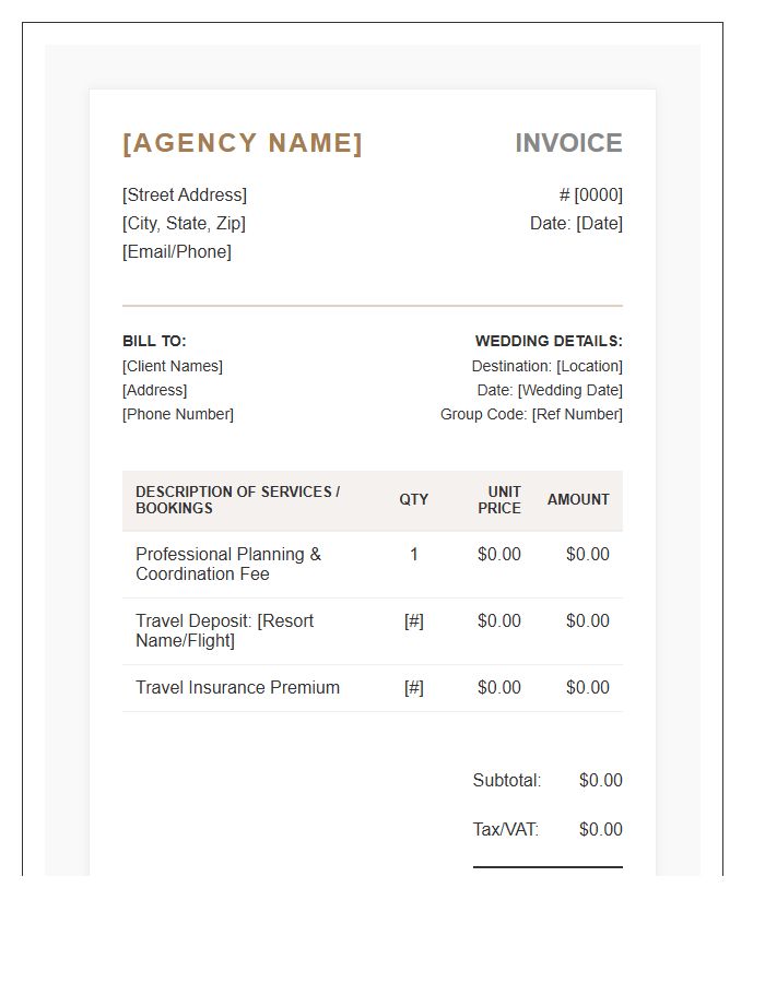 Destination Wedding Travel Specialist Invoice Template
