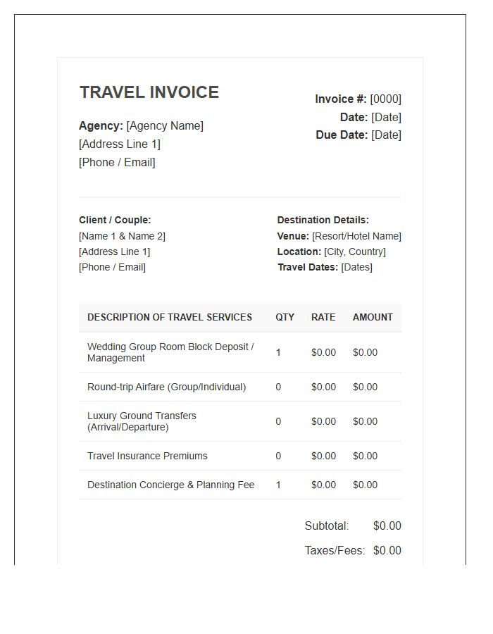 Full Service Destination Wedding Travel Invoice Template
