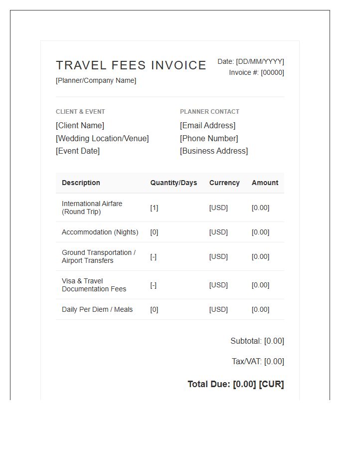 International Wedding Planner Travel Fees Invoice Template