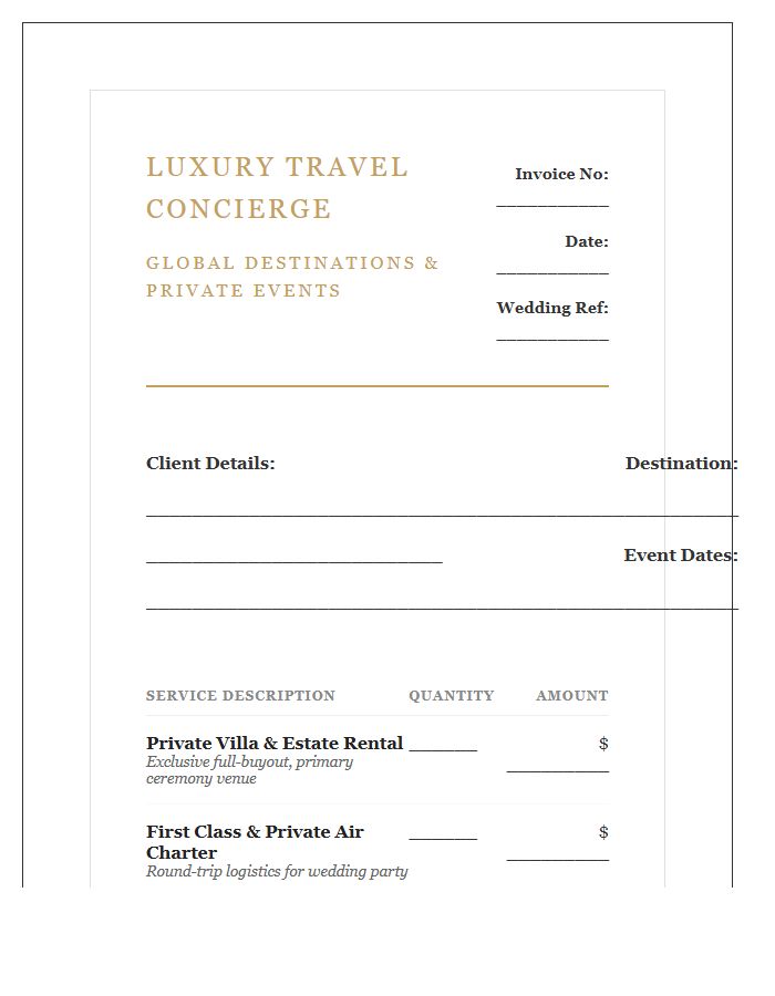 Luxury Destination Wedding Travel Invoice Template