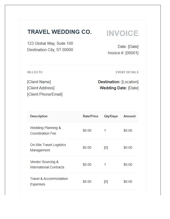 Professional Travel Wedding Planner Invoice Template