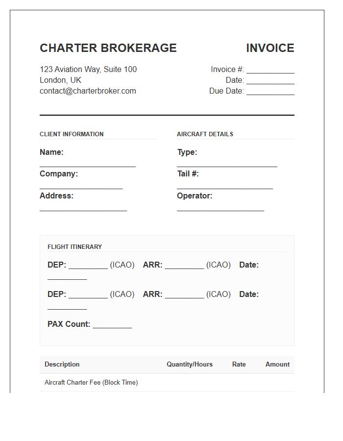 Aircraft Charter Brokerage Invoice Template