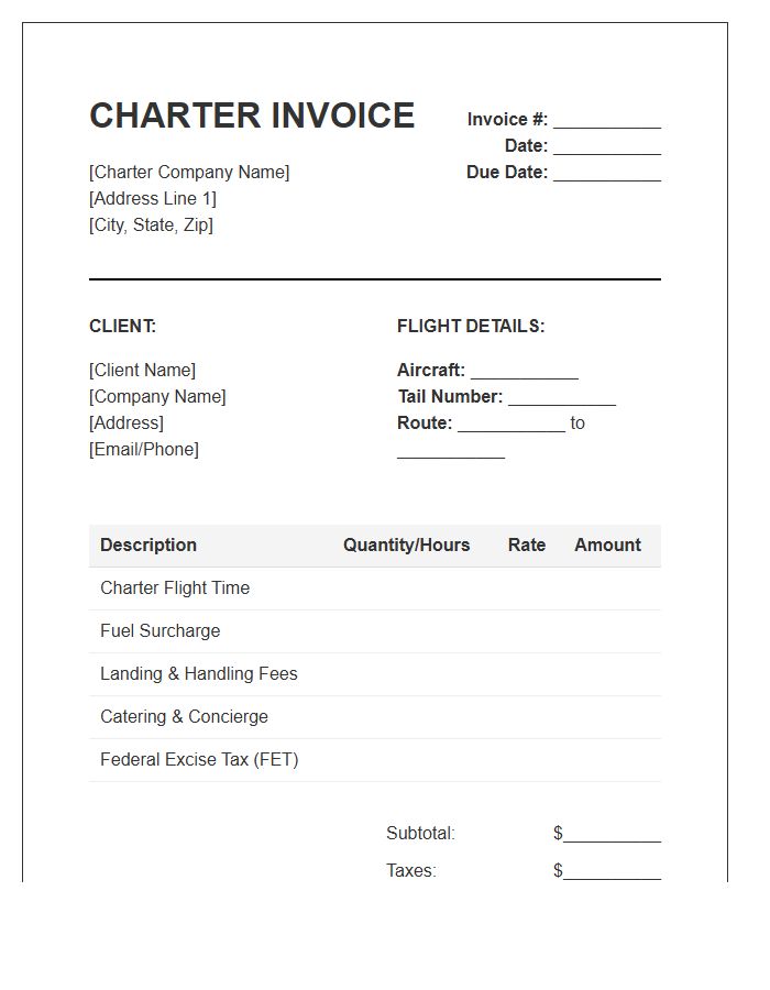 Business Flight Charter Invoice Template