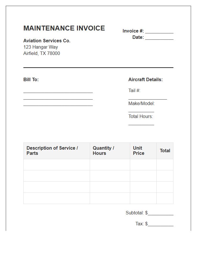 Charter Plane Maintenance Invoice Template