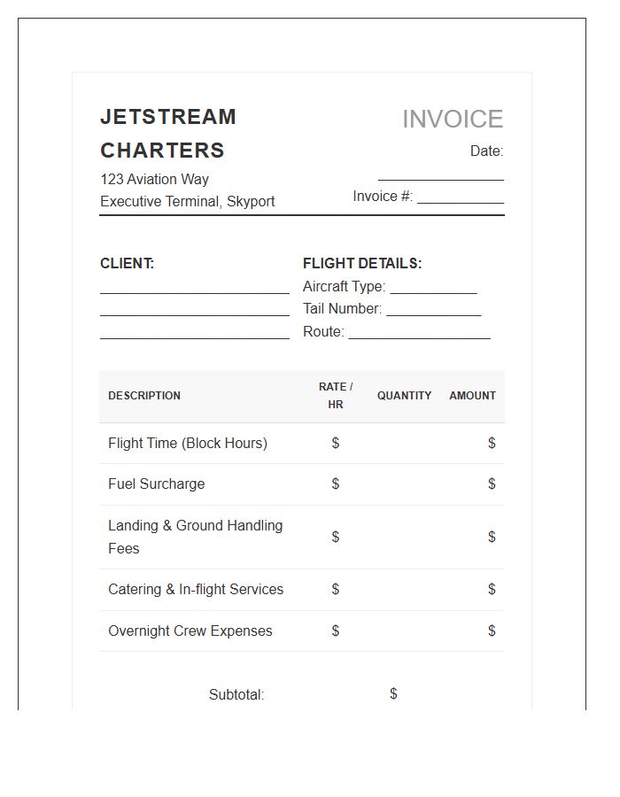 Corporate Jet Rental Invoice Template