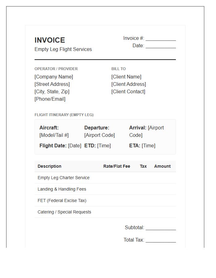 Empty Leg Flight Service Invoice Template