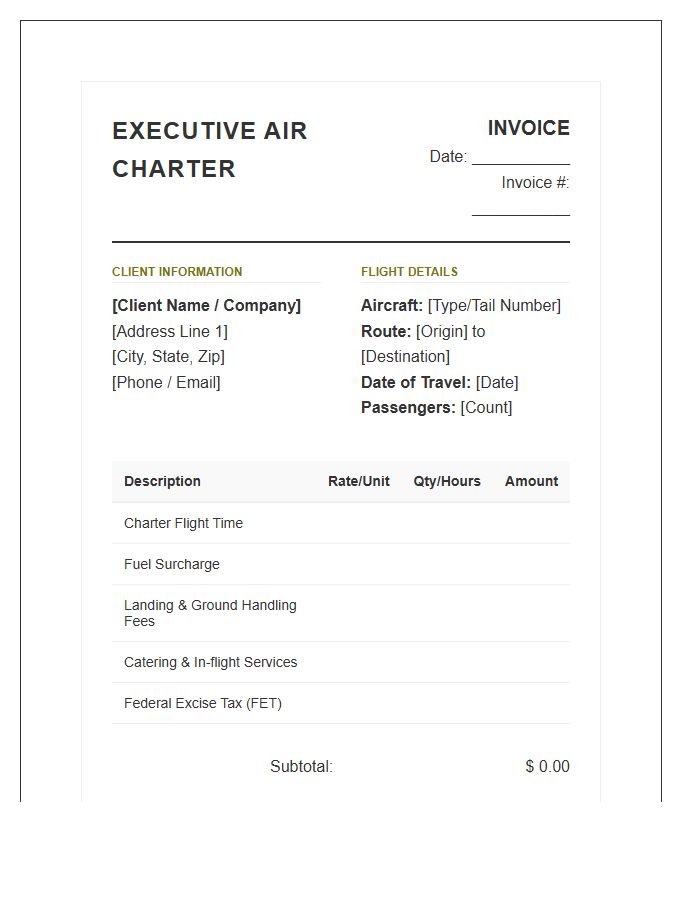 Executive Air Charter Billing Invoice Template