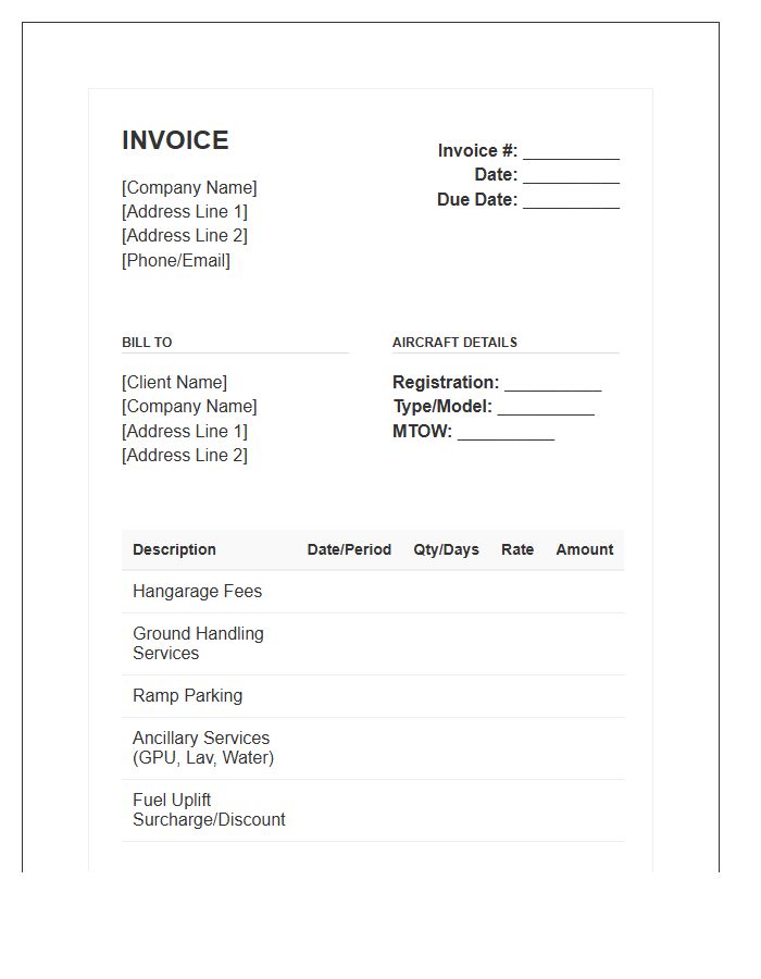Hangarage And Ground Handling Invoice Template