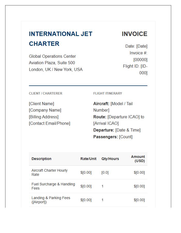 International Jet Charter Invoice Template