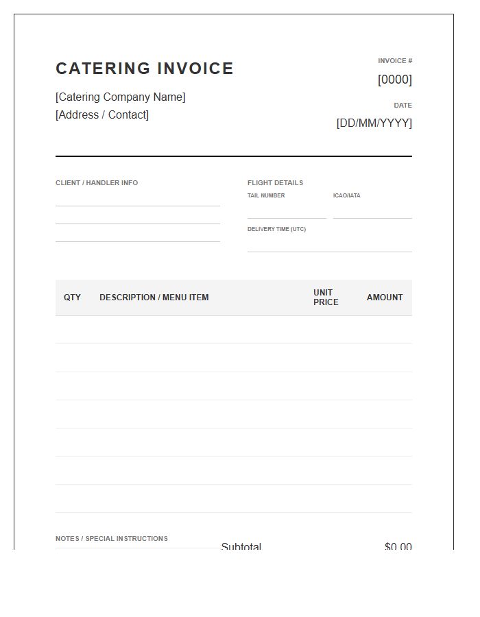 Private Aviation Catering Invoice Template