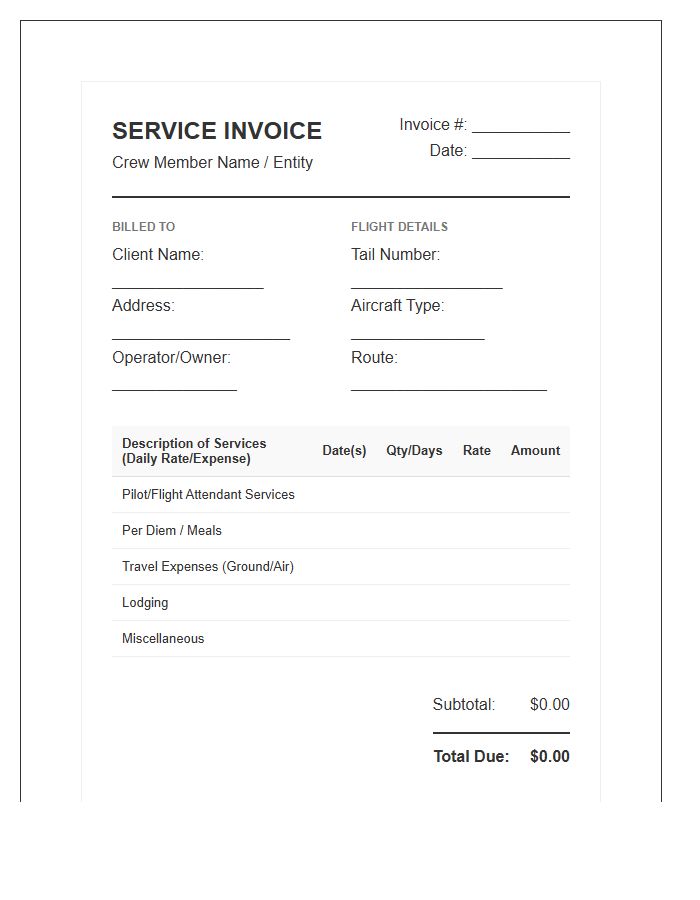 Private Flight Crew Service Invoice Template