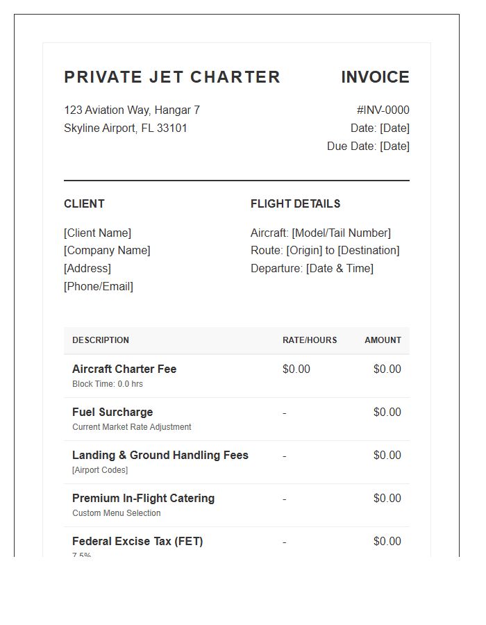 Private Jet Charter Service Invoice Template