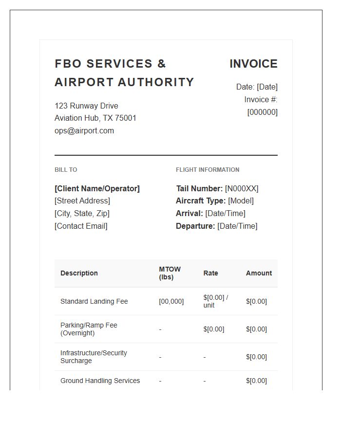 Private Jet Landing Fees Invoice Template