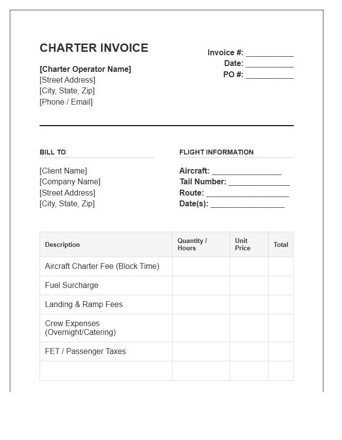Regional Air Charter Invoice Template