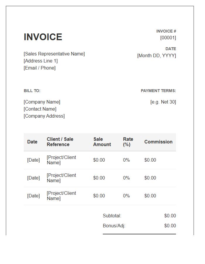 Commission Based Sales Representative Invoice Template