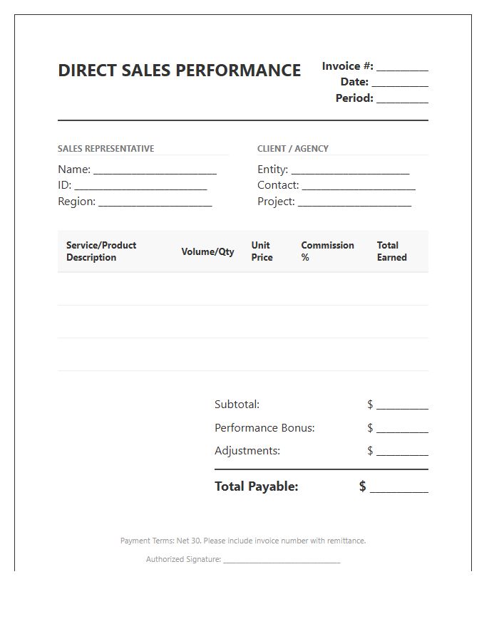 Direct Sales Performance Invoice Template