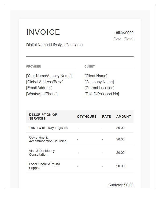 Digital Nomad Lifestyle Concierge Invoice Template