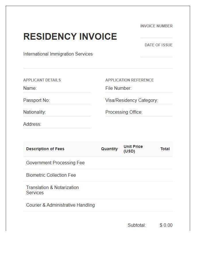 International Residency Application Invoice Template