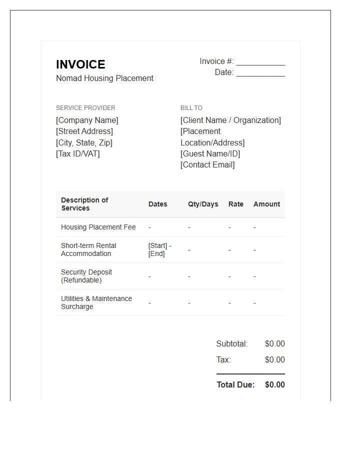 Nomad Housing Placement Invoice Template