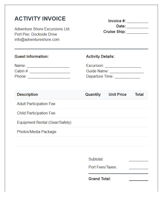 Adventure Shore Excursion Activity Invoice Template