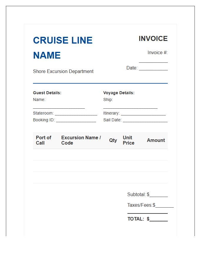 Cruise Line Shore Excursion Booking Invoice Template