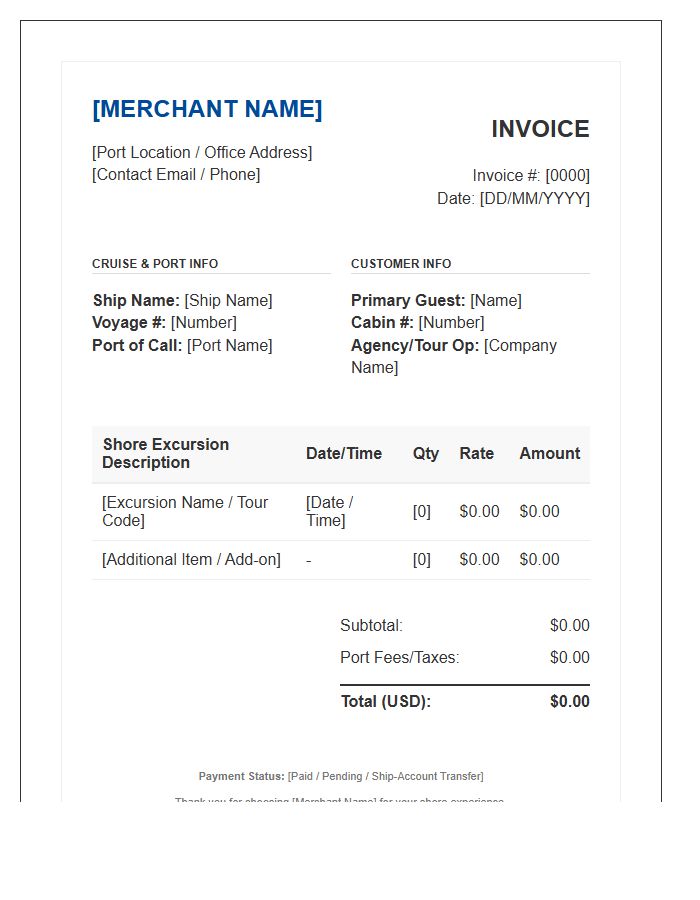Cruise Ship Shore Excursion Merchant Invoice Template
