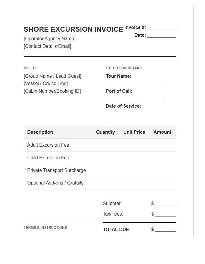 Group Shore Excursion Billing Invoice Template