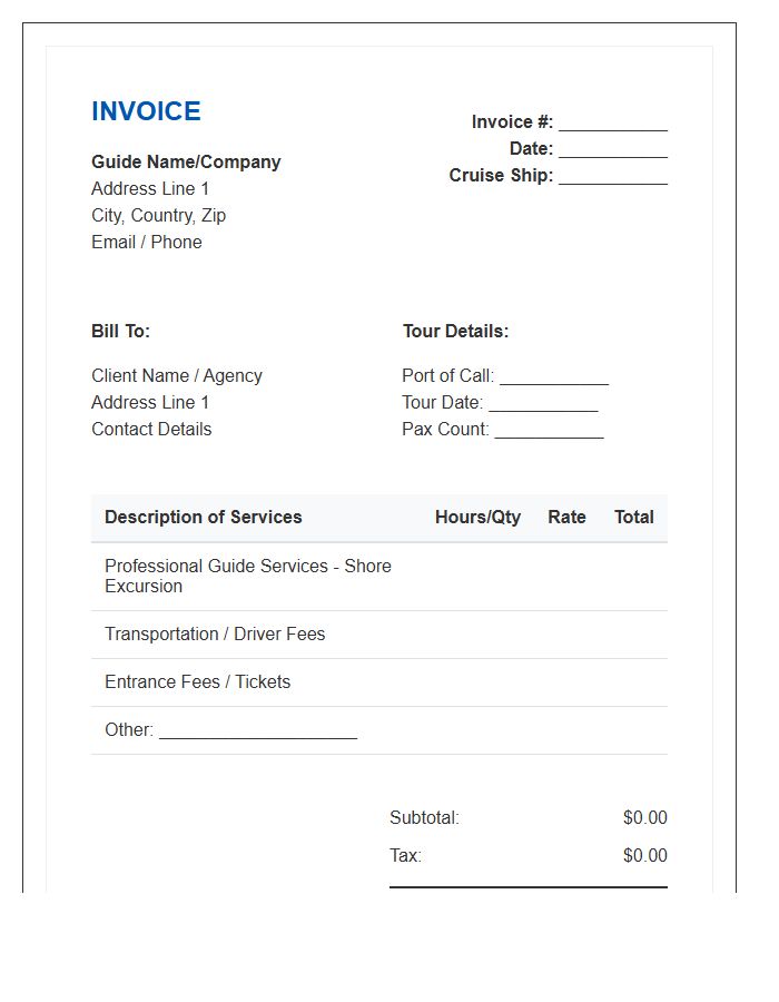 Shore Excursion Guide Service Invoice Template