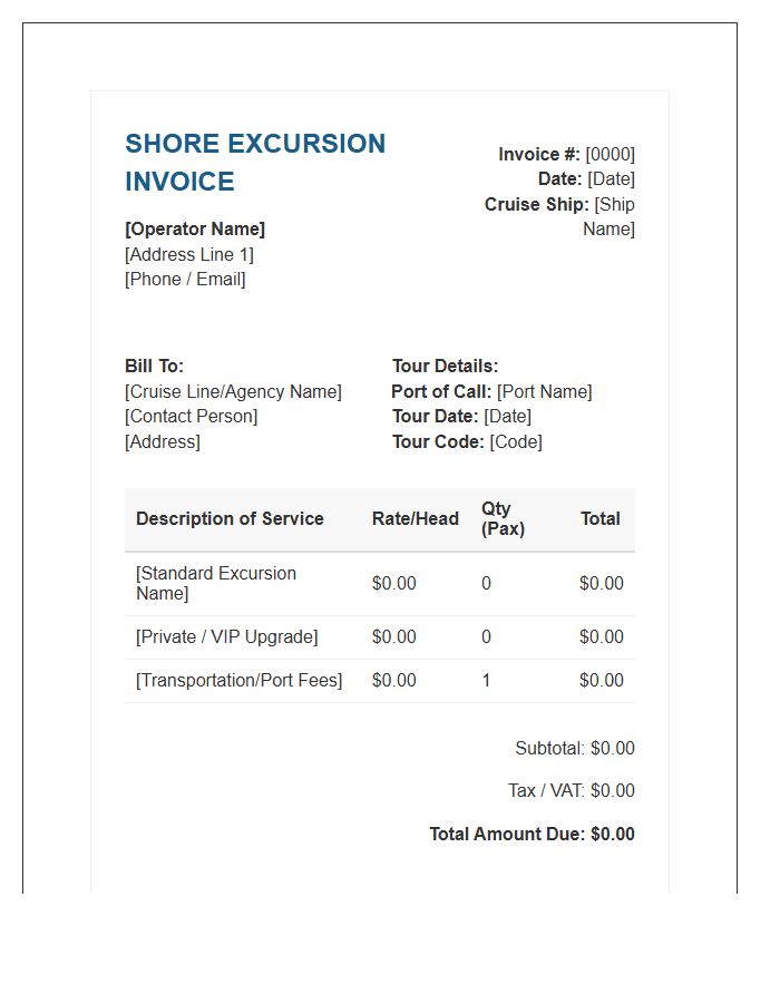Shore Excursion Operator Payment Invoice Template
