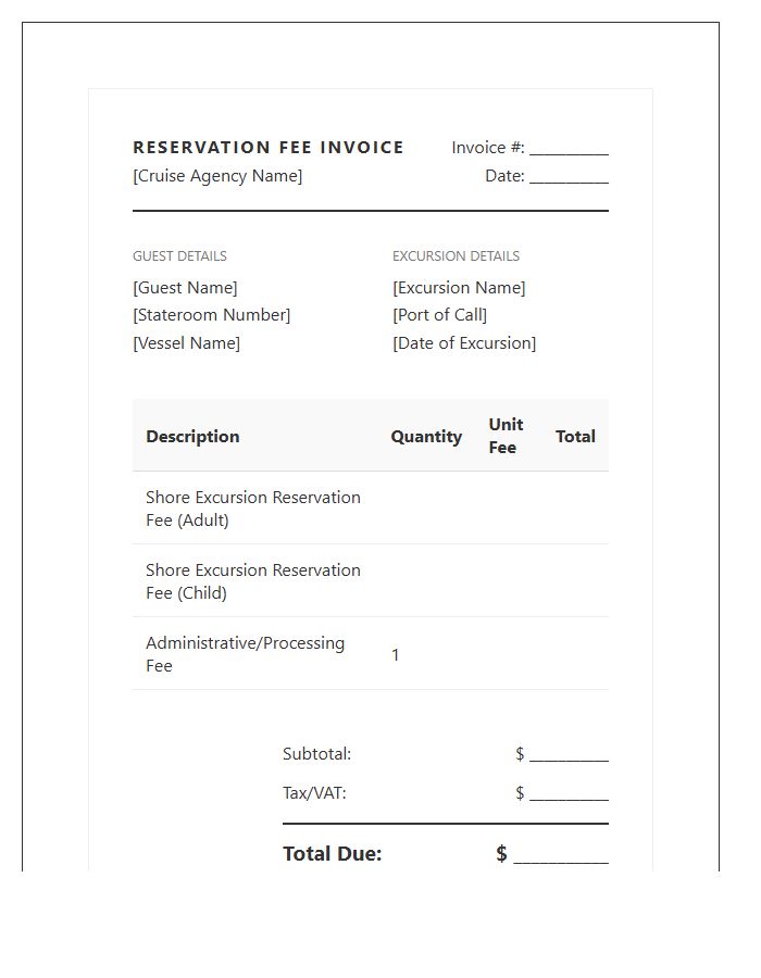 Shore Excursion Reservation Fee Invoice Template