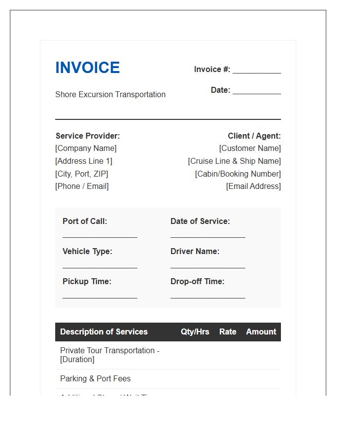 Shore Excursion Transportation Service Invoice Template
