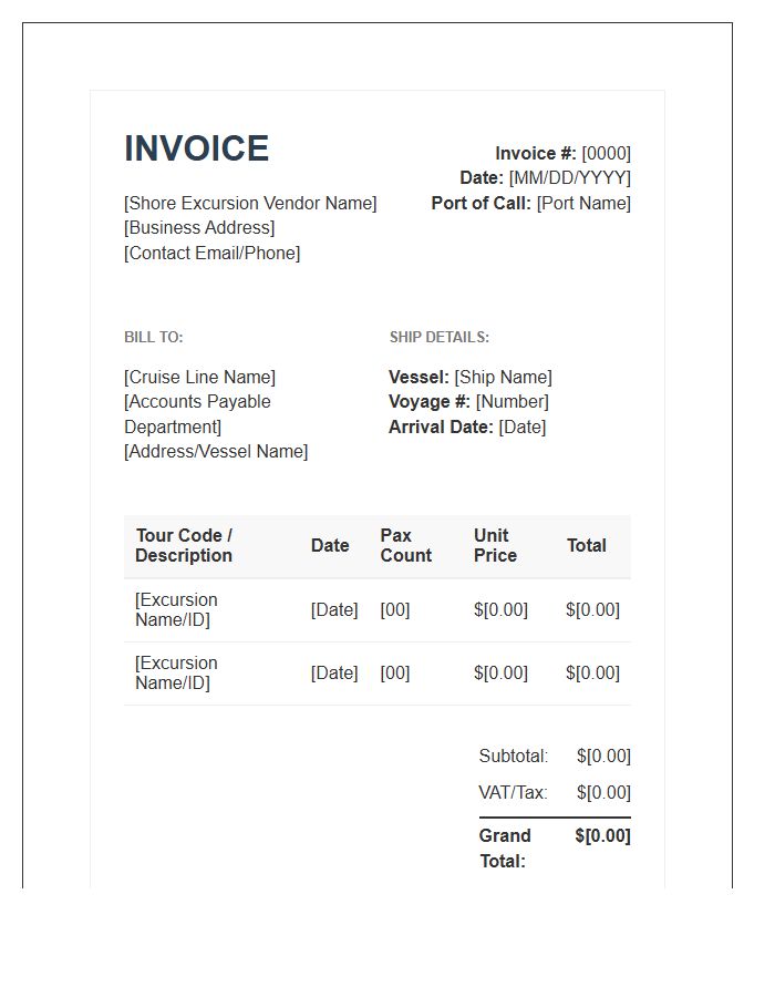 Shore Excursion Vendor Billing Invoice Template