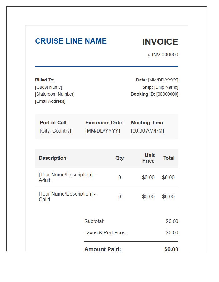 Standard Cruise Shore Excursion Invoice Template