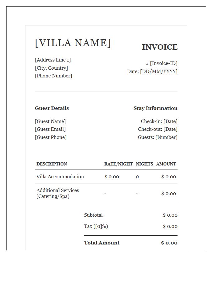 Boutique Villa Booking Invoice Template