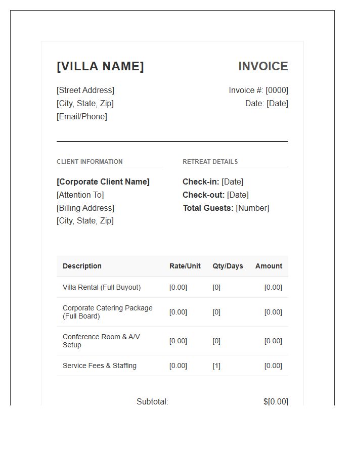 Corporate Retreat Villa Invoice Template