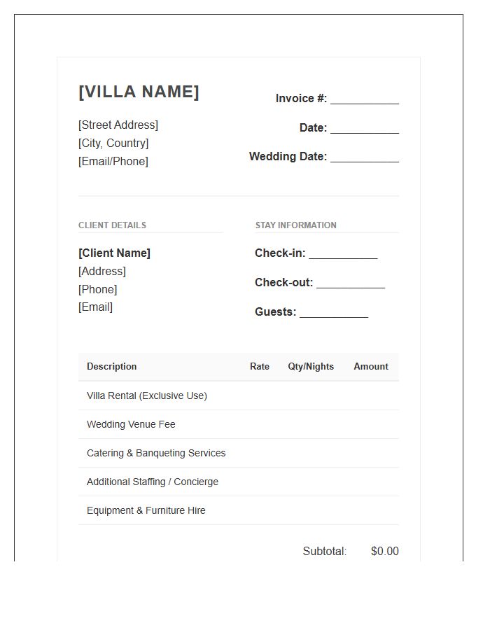 Destination Wedding Villa Invoice Template
